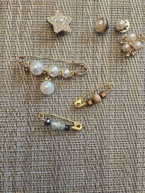 Hand Crafted Gold-Tone Safety Pin Brooches with Pearls and Beads
